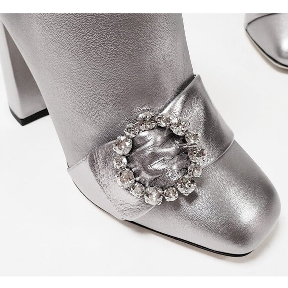 DOLCE & GABBANA BOOTS ANKLE METALLIC SILVER LEATHER JEWELED BUCKLE IT 38 US 7.5 - Picture 8 of 13